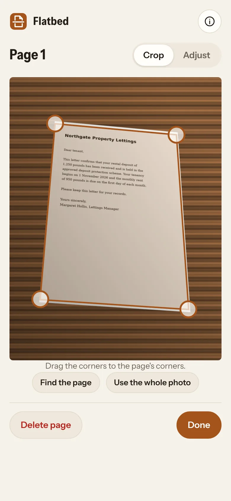 The page is found for you; drag the corners if needed