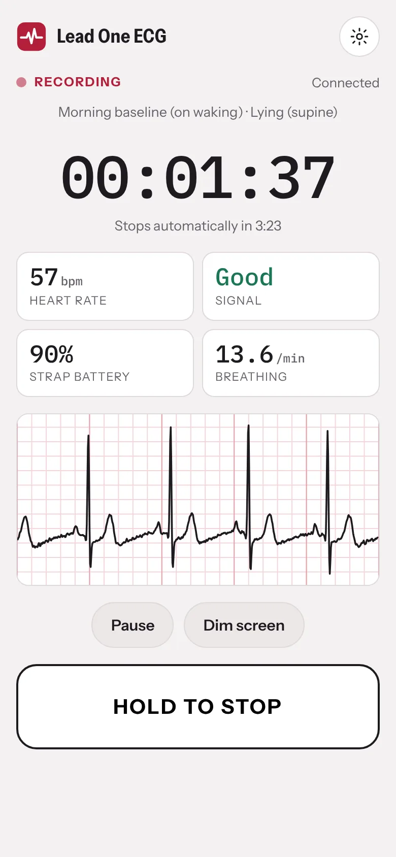 Live ECG, heart rate, signal quality and breathing while recording