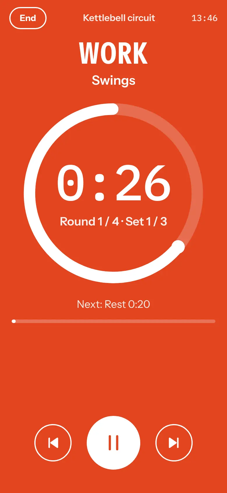Work: the whole screen turns orange, with the exercise name, round and set