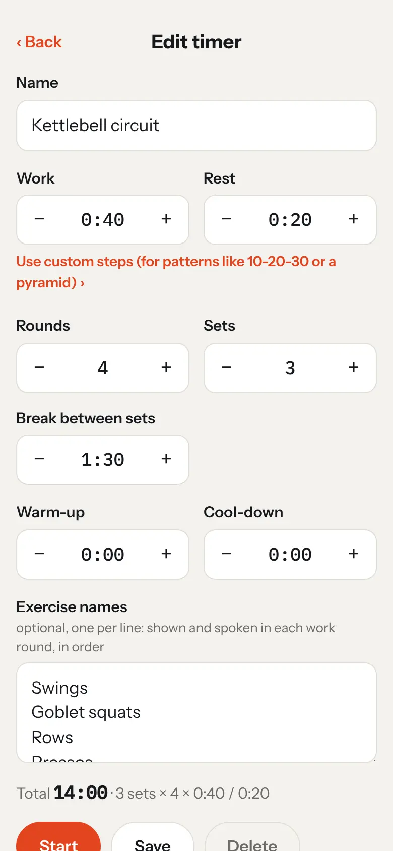 Build your own: work, rest, rounds, sets, warm-up, cool-down and exercise names