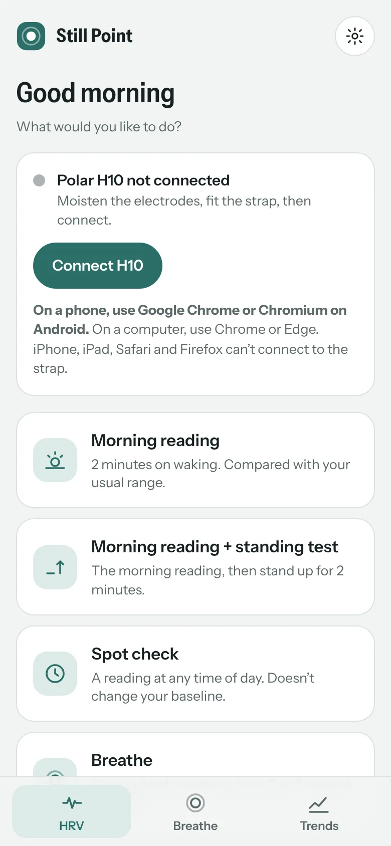 Choose a morning reading, a standing test, a spot check or breathing