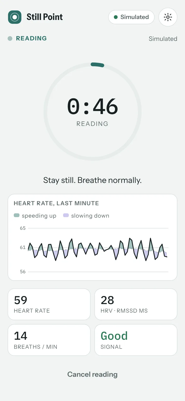 Live heart rate during a reading: each breath shows as a wave