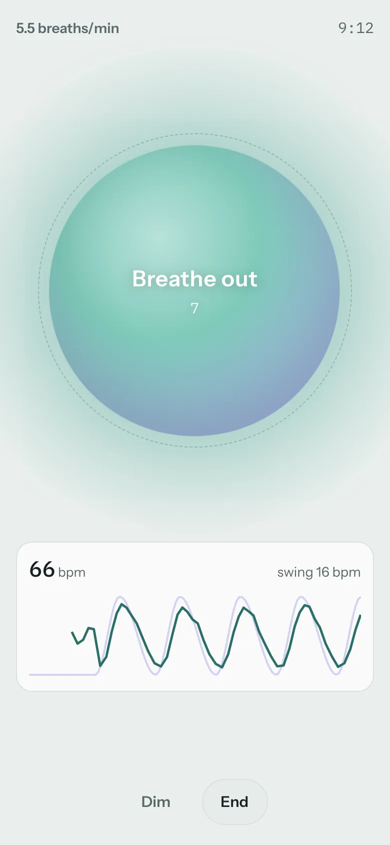 A soothing breathing guide, here at 5.5 breaths a minute