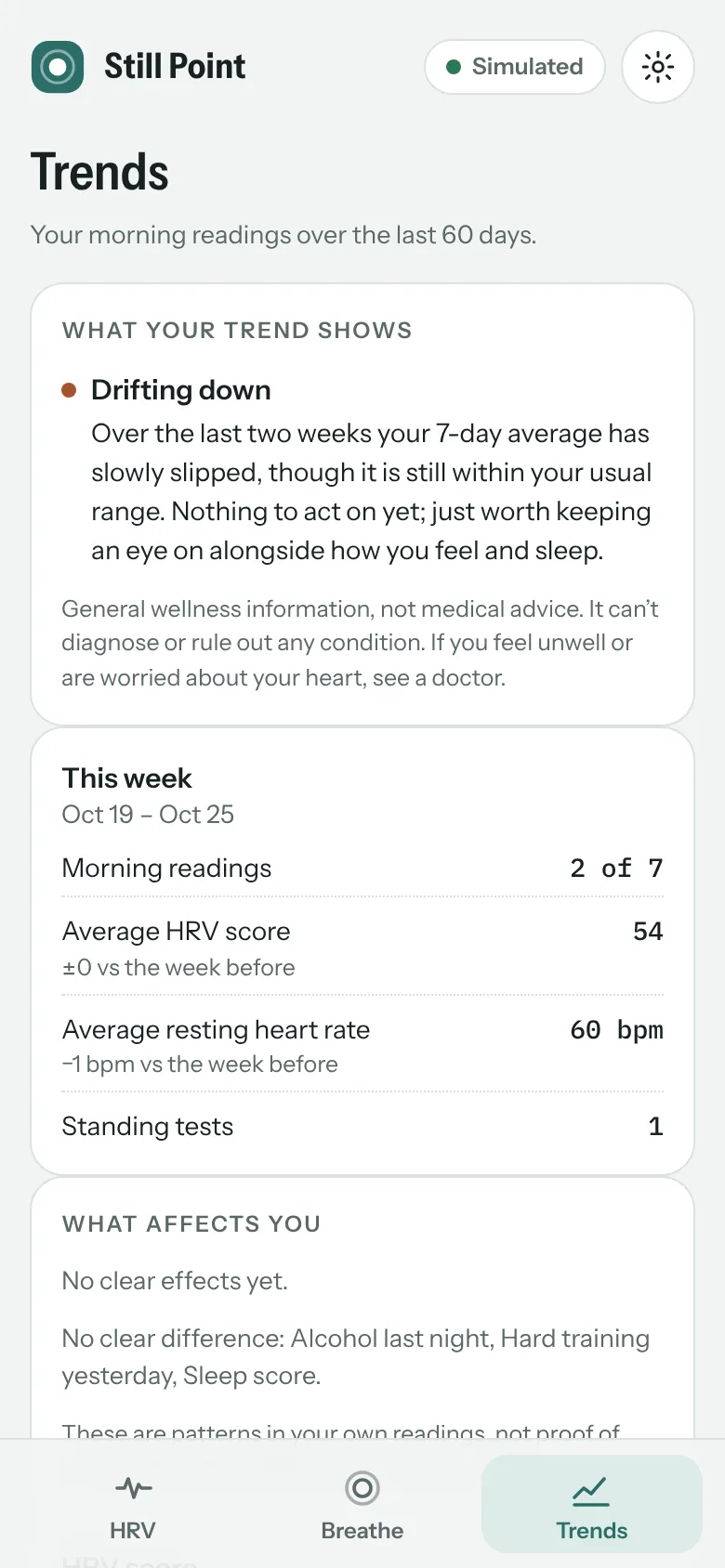 Trends in plain language, your week, and what affects your HRV