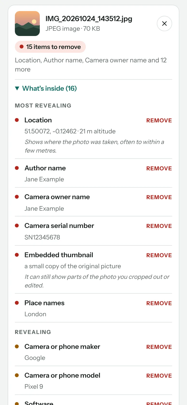 What’s inside, most revealing first: here the location, names and a serial number