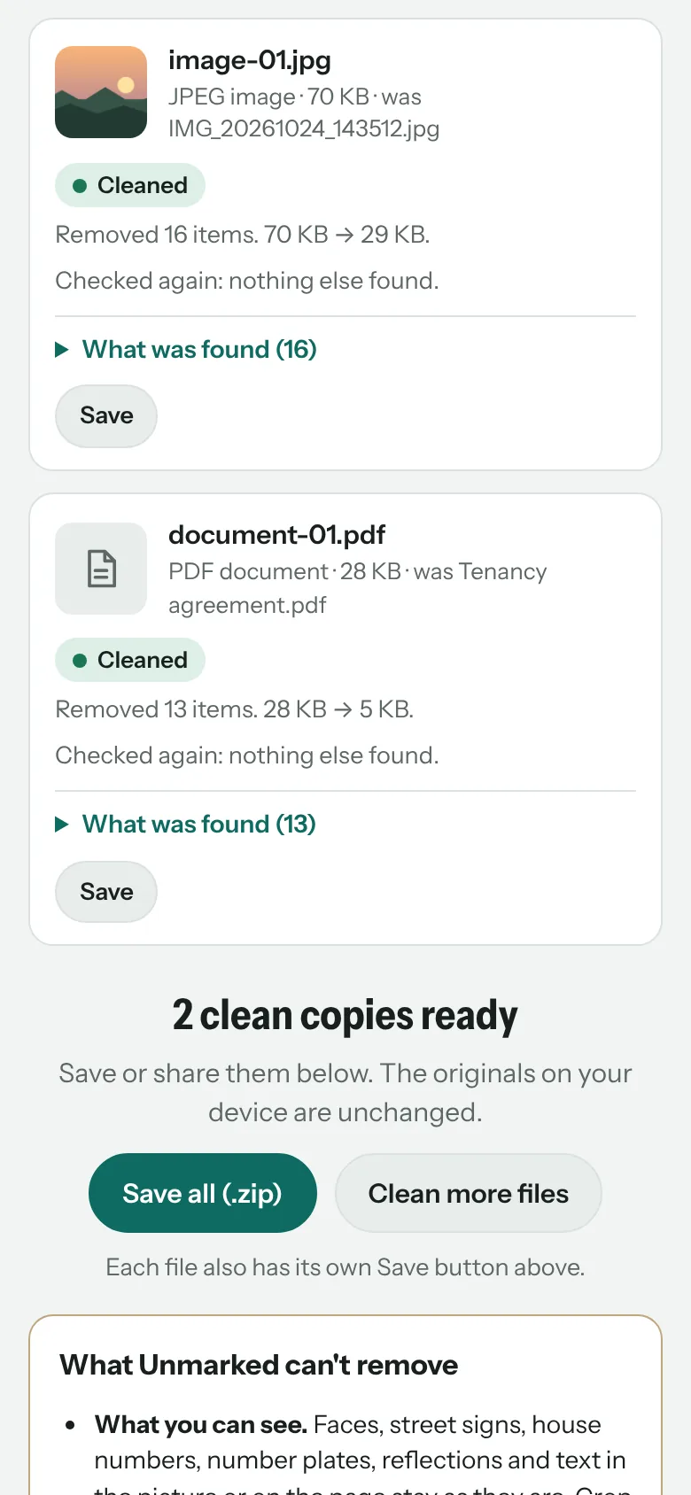 Clean copies, each checked again, ready to save one by one or as a zip